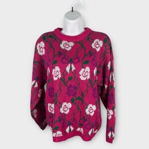 Vtg Chateau Pink White Rose Bow Print 90s Sweater Coquette Small